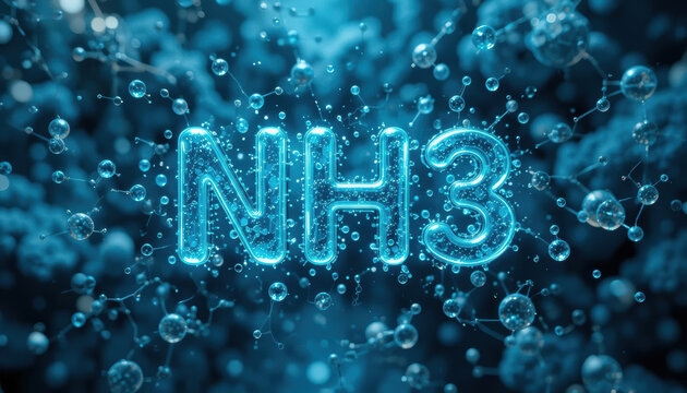 glowing representation of chemical formula NH3, surrounded by molecular structures and bubbles, creating vibrant and scientific atmosphere. image conveys sense of innovation and chemistry