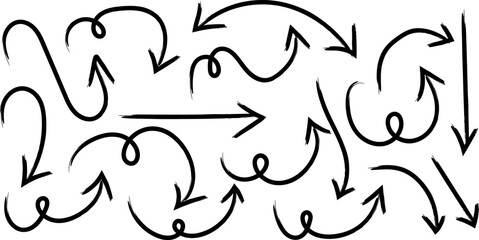 Naklejka premium A collection of hand drawn black arrows and curved lines depicting movement and direction on a white background