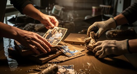 Hands sorting through photos and debris after a flood