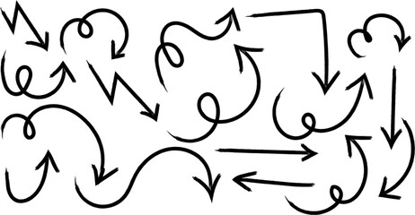 A collection of hand drawn black arrows and swirling lines showing various directions and movement patterns high quality professional