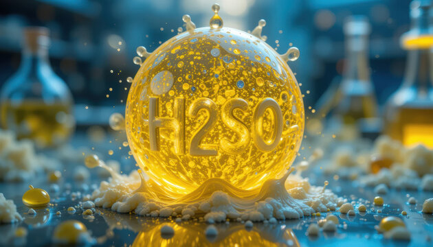 vibrant representation of chemical compound, showcasing H2SO4 in dynamic, fluid form surrounded by splashes and bubbles, evoking sense of scientific exploration and discovery