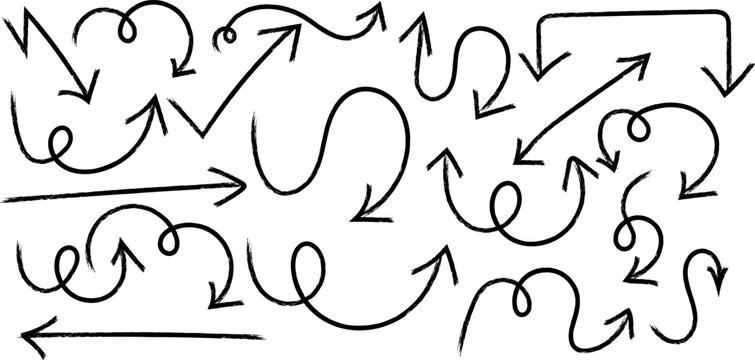 A collection of hand drawn black arrows and curved lines pointing in various directions across a white background
