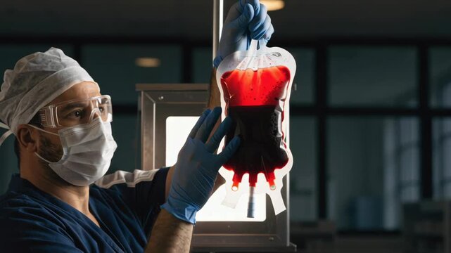 Blood laboratory technician inspects and holds glowing blood bag with gloved hands for transfusion