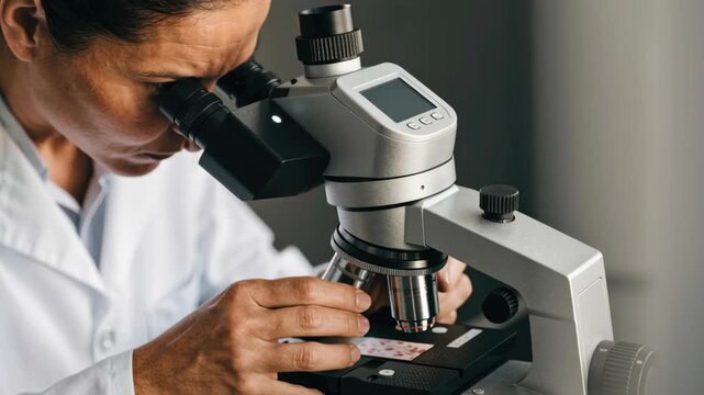 Blood laboratory scientist examining slide under microscope for clinical research and blood analysis