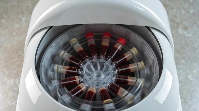 Blood sample tubes and vials laboratory centrifuge spinning with clinical motion blur conveying