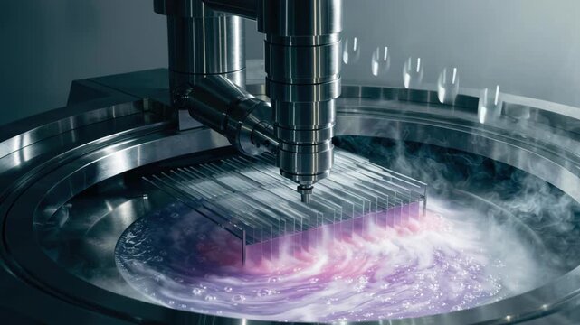 Blood laboratory milling of metal wafer with cooling fluid etching and cooling vapor