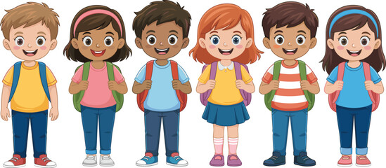 School, children, cartoon, kids, characters, students, backpacks, smiling, diverse, boys, girls, flat, illustration, education, happy, classroom, friends, people, avatar, collection