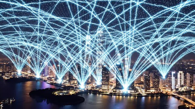 Futuristic cityscape with blue energy beams erupting from skyscrapers at night