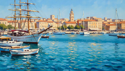 Fototapeta premium Malta. Yachts in Birgu bay. Oil painting on canvas. maritime and historical
