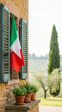 Italian flag on rustic stone farmhouse window with potted basil and rosemary in Tuscany