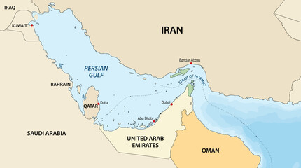 Geopolitical Map of the Persian Gulf and Strait of Hormuz Showing Iran, UAE, and Saudi Arabia © Miciboy