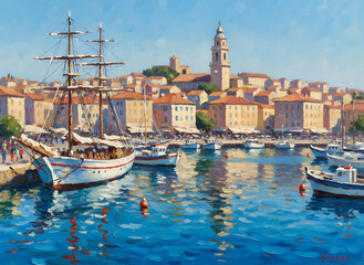 Fototapeta premium Malta. Yachts in Birgu bay. Oil painting on canvas. maritime and historical