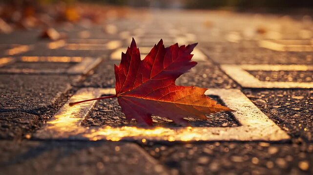 Single red maple leaf rests on textured pavement with golden light reflections