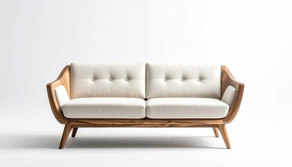 Fototapeta premium Modern two-seater couch wooden frame, ivory cushions, simple design