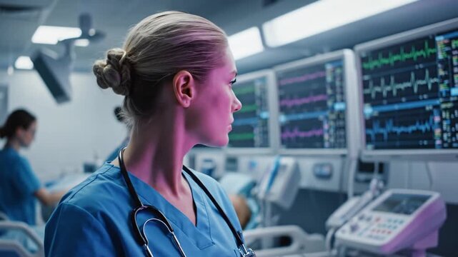 Focused female doctor in hospital ward checking patient vitals on monitor screens at ICU