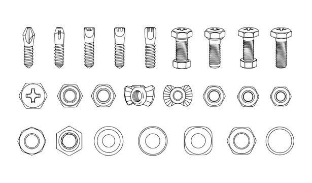 Industrial screws bolts nuts and washers black vector illustration set