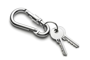 Silver keys on a carabiner, isolated on white background