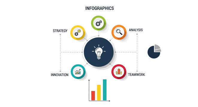 Modern infographic vector template for business presentation with charts, icons, step diagram and network layout