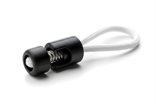 Black plastic cord lock with white cable on white background, isolated