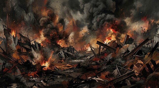 Aerial View of Industrial Inferno with Burning Buildings and Debris