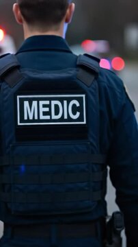 Male tactical medic wearing a ballistic vest with medic patch at an emergency scene