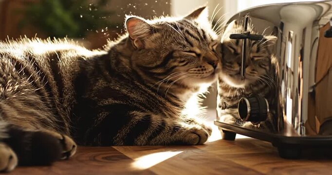 A relaxed tabby cat resting beside a shiny toaster on a wooden kitchen counter, sunlight streaming in