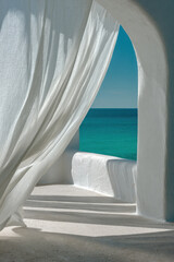 Fototapeta premium Minimal Mediterranean terrace with flowing white linen curtains framing a turquoise sea view, calm summer breeze moving sheer drapes in bright natural sunlight