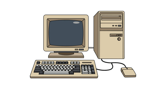 A classic beige desktop computer system with a large CRT monitor, a wired keyboard, and a mouse is displayed on a plain white background.