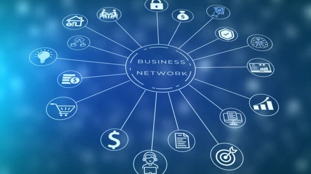 A central circular diagram labeled Business Network with radiating lines connecting to various business related including a lock, dollar sign, brain, chart, and computer screen against a blurred