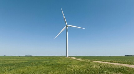 Fototapeta premium Wind Turbine Power: A colossal wind turbine gracefully harnesses the power of the wind in a vast, verdant field under a bright, cloudless sky.