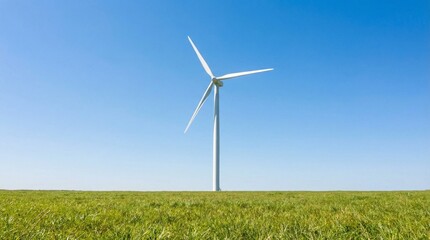 Fototapeta premium Wind Turbine in the Field: A solitary wind turbine stands tall in a field of green grass against a clear, azure sky, symbolizing sustainable energy and environmental consciousness.