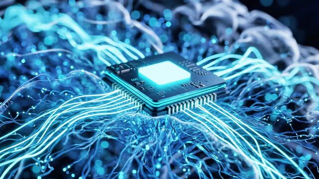 A microchip with blue circuitry and connections on a futuristic background