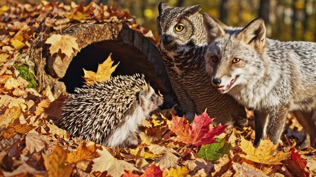 Encounter in the Autumn Woods: Owl, Coyote, and Hedgehog Amidst Colorful Fallen Leaves