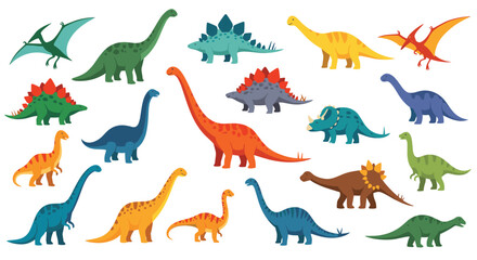 Obraz premium Large set of various dinosaur species in different colors and sizes including sauropods, stegosaurs, and pterosaurs in flat style.