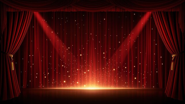 Red stage curtain with lights and stars, cinematic movie background, red velvet theater curtain with spotlight and copy space