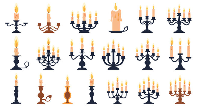 Large set of various candlestick and candelabra designs with burning candles in different styles and heights in vector.
