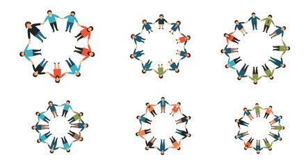 Fototapeta premium Diverse groups of people of different ages and ethnicities holding hands to form circles representing community and global partnership.