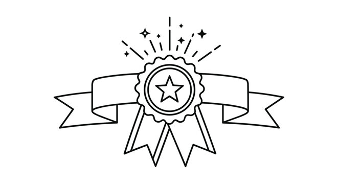 Detailed black and white line art of a first place award ribbon featuring a central star badge and celebratory shining rays.