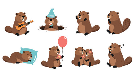 Fototapeta premium Cute beaver characters in various fun poses like playing guitar, sleeping, and holding a bright red balloon.