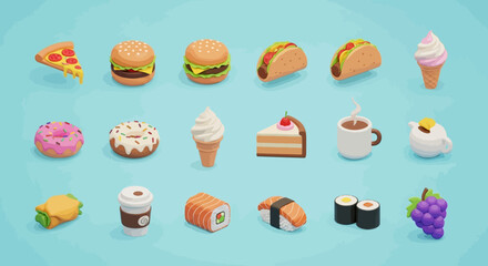 Cartoon vector illustration collection featuring a set of Easter icons with eggs and flowers alongside sweet bakery food like cake, chocolate candy, and breakfast dessert design elements