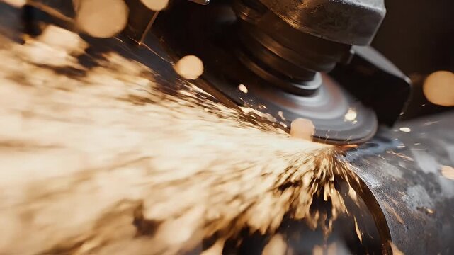 Close-up of a grinding wheel intensely sparks against metal