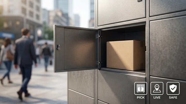 Secure package delivery locker with open compartment on city street with blurred pedestrians