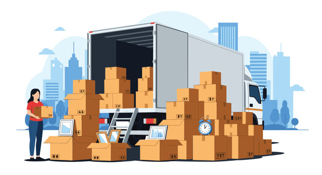 Moving company scene with a large white truck being loaded with many cardboard boxes in a city environment.