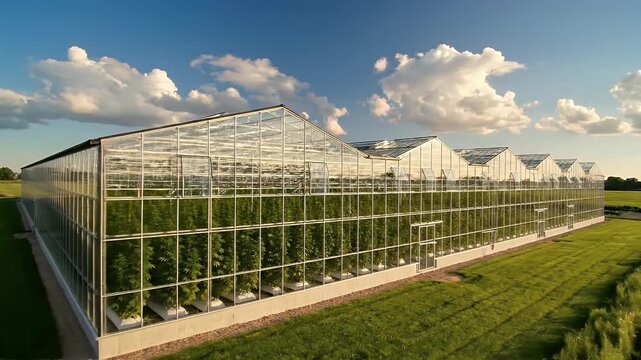 Large greenhouse complex with rows of lush green plants under a sunny sky
