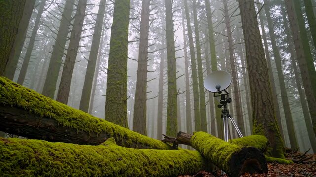 moss covered log tripod sensor forest fog shrouded pines and firs, remote monitoring equipment perched on damp moss, thick undergrowth, green canopy filtering soft light through mist,