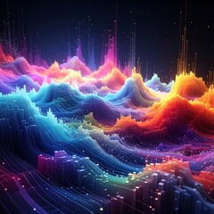 Fototapeta premium A vibrant digital landscape with rainbow-colored waves and glowing particles