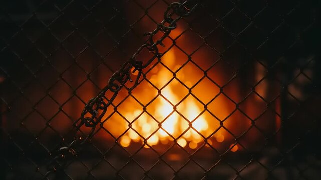Glowing Embers Behind Metal Wire Mesh.