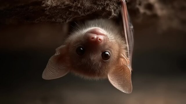 Close-up of bat hanging upside down.