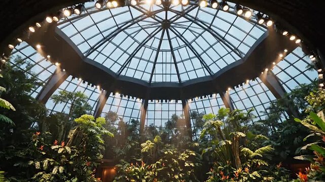 Lush Tropical Greenhouse Interior with Glass Dome Ceiling and Greenery.