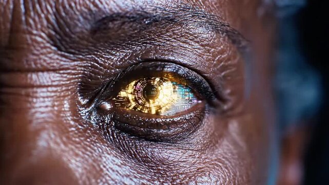A close-up of a brown human eye with a vibrant, colorful reflection in the iris, surrounded by wrinkles and dark skin